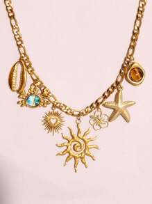 1 件优雅复古 18K 镀金不锈钢螃蟹、海星、贝壳和虎眼石吊坠项链，高端女士珠宝 - 彩色 - 查看 2