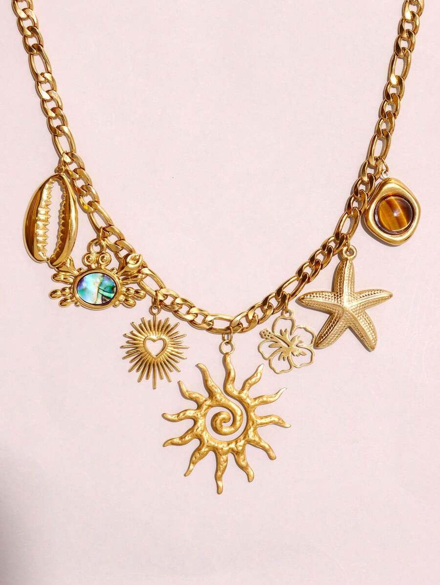 1 件优雅复古 18K 镀金不锈钢螃蟹、海星、贝壳和虎眼石吊坠项链，高端女士珠宝