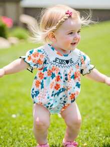 Baby Girl Summer Romper Short Sleeve Round Neck Floral Print Smocked Bodysuit Newborn Playsuit - Green - View 1