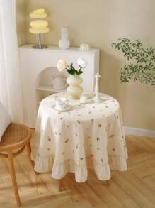 1 块奢华杏色花卉刺绣裙形褶皱荷叶边桌布，适用于咖啡桌、餐桌