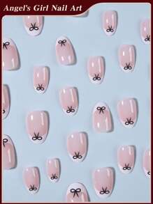 24pcs Short Oval Cute Bow Pattern Design White French Tip Press On Nails Short Fit Perfectly Acrylic Fake Nail Set ,Include:1pc Jelly Glue And 1pc Nail File, French Tip Nails For Women And Girls Daily Life And Party Valentine's Day Use
