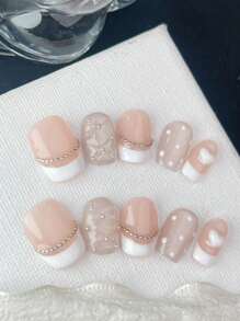 10pcs/Set Square Short Press-On Nails, Creamy Small French Press-On Nail Stickers With Pearlescent Embossed Texture, Heart Rhinestone Nails Gem Nail Accessories Removable DIY Gel Nail Set For Thanksgiving Holidays, Parties, Daily Wear Nail Art Supplies