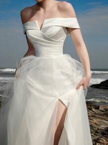 Elasola Damski biały gorset z odkrytymi ramionami i rozcięciem na udzie, elegancka formalna wieczorowa suknia ślubna z siateczki dla panny młodej - Biały - Zobacz 4