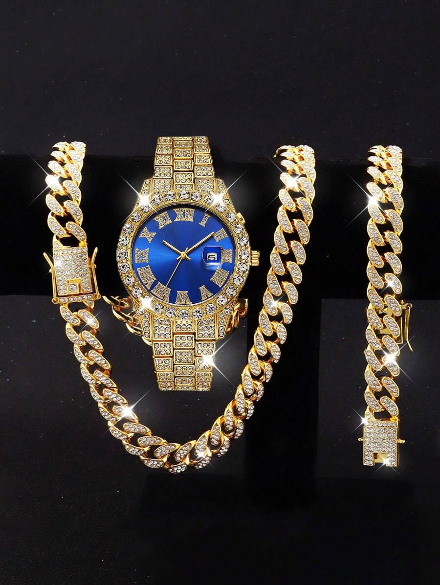 3pcs Boys' Street Style Hip-Hop  Necklace & Bracelet Set, Quartz Sports Watch With Calendar And Strap, Holiday Outfits - Gold - View 1