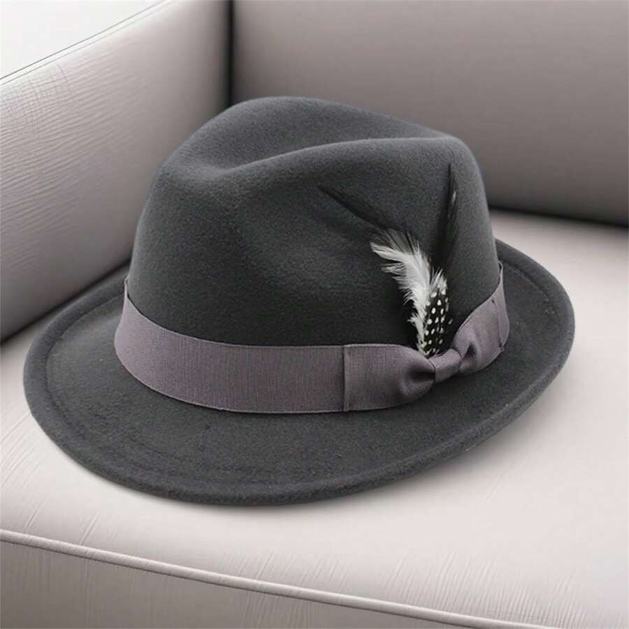 Feather Hats Vintage Short Brim Felt Fedora Hats For Women Men Jazz Hats - Màu xám đen - Xem 1