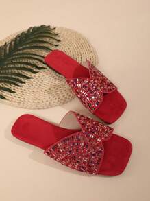Sandalias planas con pedrería colorida de ajuste ancho para mujer, estilo casual de verano, pantuflas de terciopelo burdeos para mujer