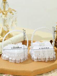 1 件婚礼手持戒指盒蕾丝仿珍珠戒指盒蝴蝶结小花篮花童手持心形戒指枕婚礼道具 - 彩色 - 查看 4