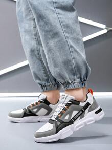 Men's Retro Gray Premium Minimalist Comfortable Low-Top Thick-Sole Shock-Absorbing Casual Sneakers, Streetwear Contrast Color Four Seasons High-Platform Front Lace-Up Outdoor Stylish Chunky Sneakers