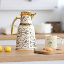 Cafetera térmica de 1000 ml, Body de acero inoxidable de doble pared con patrón dorado, interior de PP, forro interior de vidrio, botella térmica de forma única que mantiene caliente hasta 12 horas/fría hasta 24 horas, servidor/dispensador de café, vuelta al colegio