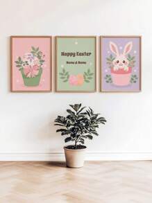 Juego de 3 carteles personalizados sin marco de conejos de Pascua, huevos brillantes y caza de huevos familiar para decoración de habitación infantil, con nombre personalizado, decoración sin marco para habitación de bebé