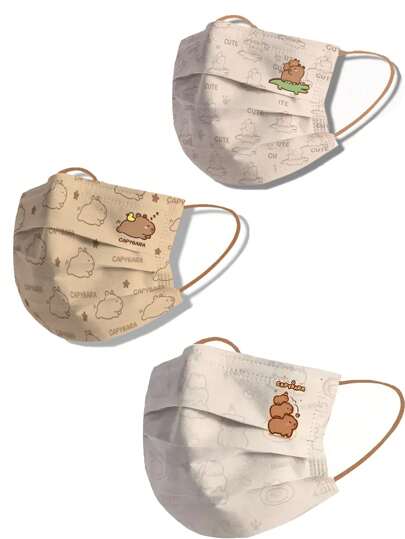 10 st Capybara tecknade ansiktsmasker för engångsbruk, 3-lagers ovävt tyg, andas bekvämt, individuellt förpackat, lämpligt för utomhusbruk, moderiktigt tillbehör, damm- och allergiskydd