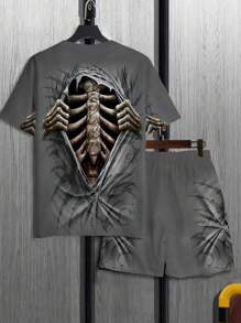 1 Set Men's Printed T-Shirt And Shorts Casual Outfits, Suitable For Everyday Casual Style