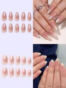 54pcs Set 2 Types Same Color Series Almond & Oval Shaped Nail Tips, All-Covering Press On Nails With Minimalist Elevated Nude Ombre Mirrored Pink Style, Suitable For Girls & Women For Party, Holiday, Daily Commute, Includes 2pcs Double-Sided Adhesive & 1pc Nail File