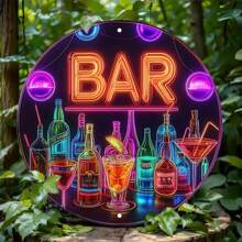 1pc Bar Metal Sign, Vintage Flat Metal Round Poster With Colorful Drink Bottles And Wine Glasses, Art Bar Wall Decor, Suitable For Bar, Cafe, Beach House, Backyard, Size: 19.81 X 19.81 Cm, Random Hole Position
