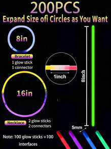 200/100pcs 8-Inch Colorful Glow Sticks, Party Glow Sticks, Can Glow In The Dark For 8-12 Hours. They Can Also Be Made Into Bracelets, Necklaces, Neon Lights, Wedding Party Glow Sticks, Glow Party Gifts, Christmas Gifts, Birthday Gifts, New Year Gifts, Carnival Party Supplies, Valentine's Day Gifts, Mother's Day Gifts And New Year Carnival Party Supplies.