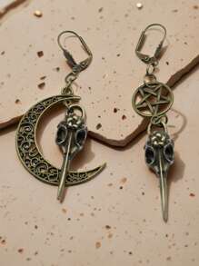 1Pair Vintage Crescent Moon & Pentagram Esoteric Symbols Earrings, Gothic Raven Crow Skull Head Design Dangle Earrings Retro Punk Style Witchy Jewelry Gift Halloween Club Accessories