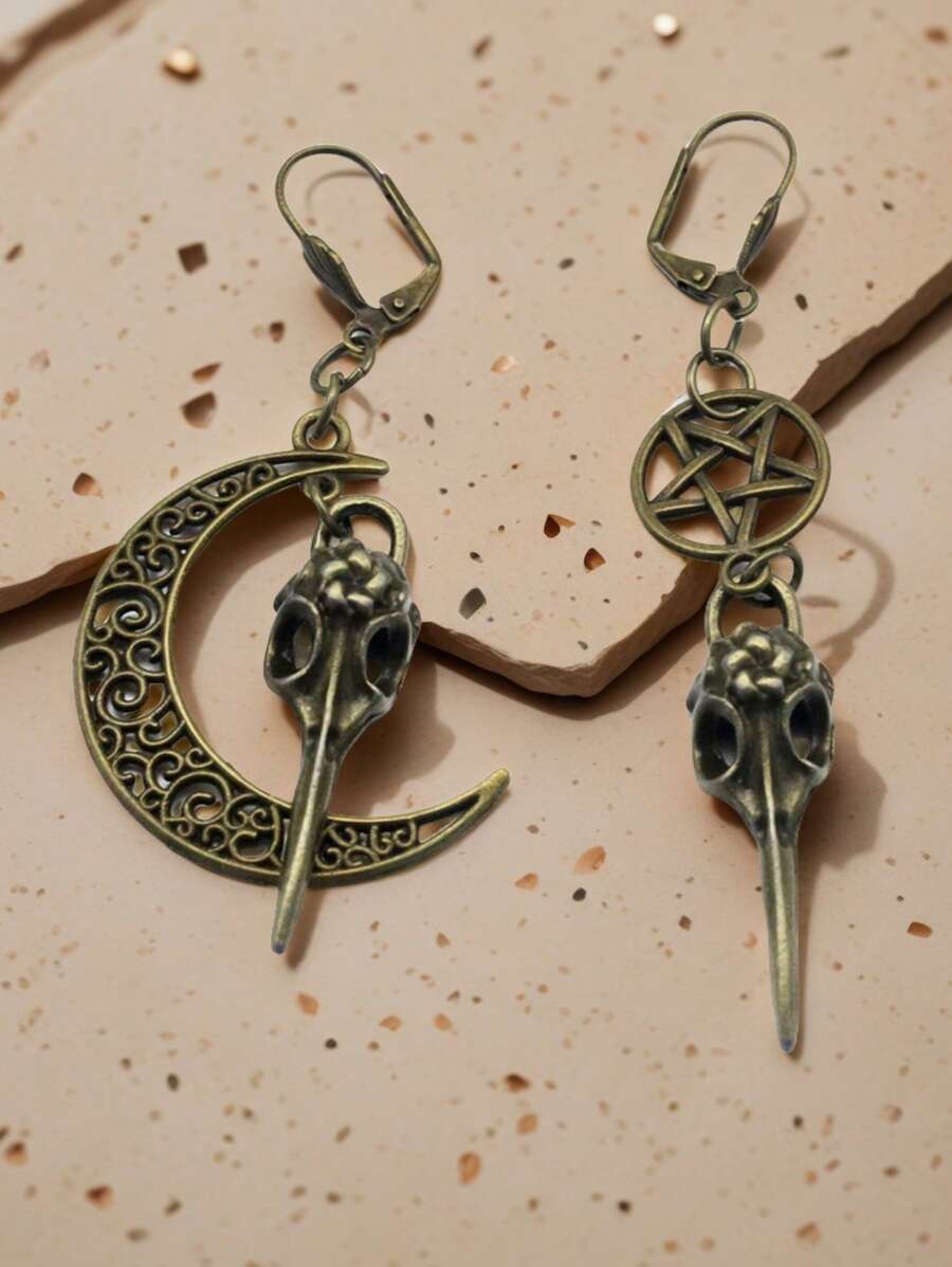 1Pair Vintage Crescent Moon & Pentagram Esoteric Symbols Earrings, Gothic Raven Crow Skull Head Design Dangle Earrings Retro Punk Style Witchy Jewelry Gift Halloween Club Accessories