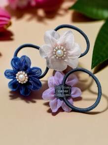 3pcs Flower Decor Hair Tie, Ponytail Holder, Hair Tie Set Hair Accessories For Women - Multicolor - View 2