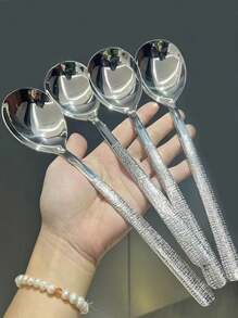 2/5pcs Stainless Steel Hammered Texture Long Handle Dinner Spoons, Round Soup/Tea Spoons For Home Use