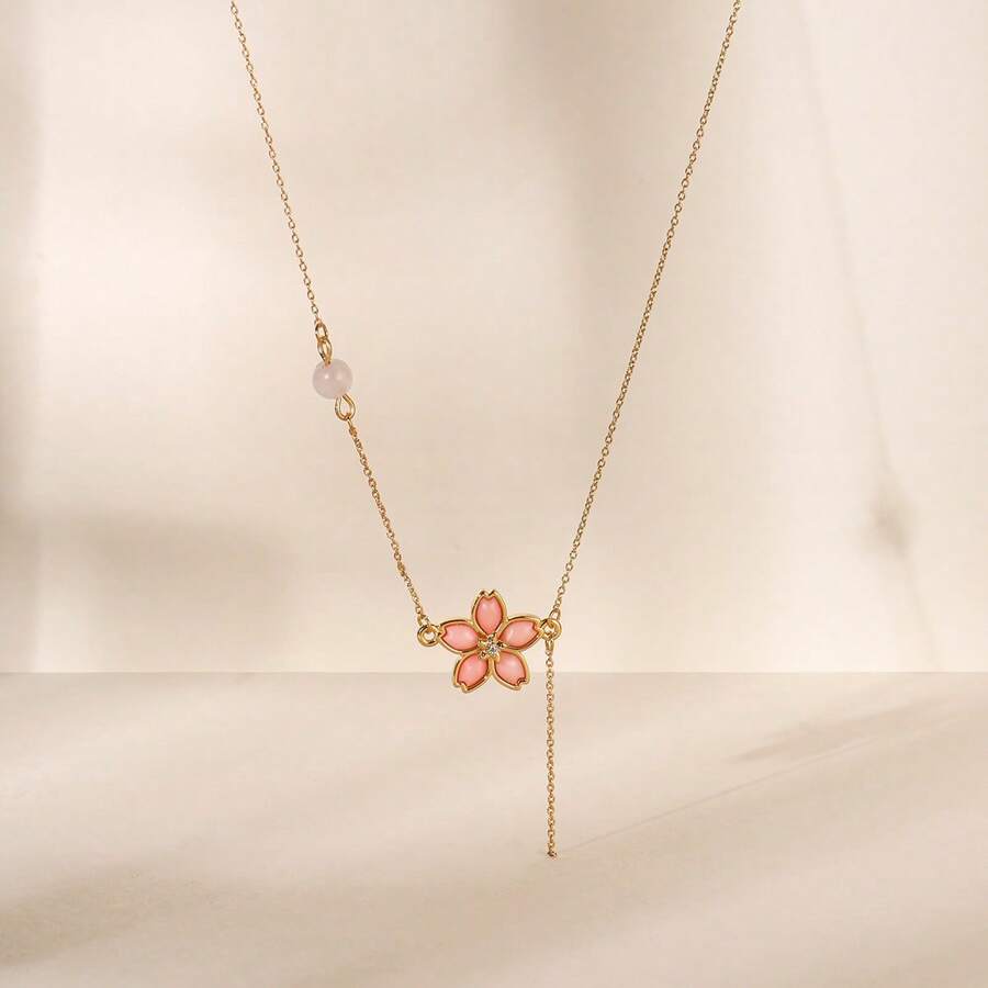 1pc Minimalist Enamel Floral Pendant Necklace, Feminine Elegant Jewelry Accessory For Party, Lovely Gift For Girlfriend