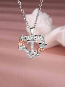 Tsnamer 1 Stück exquisiter Halskette mit kubischem Zirkonia-Initialen und herz-geschnitztem 26 Buchstaben A-Z sowie Blumen, Damen Schmuck für den täglichen Gebrauch
