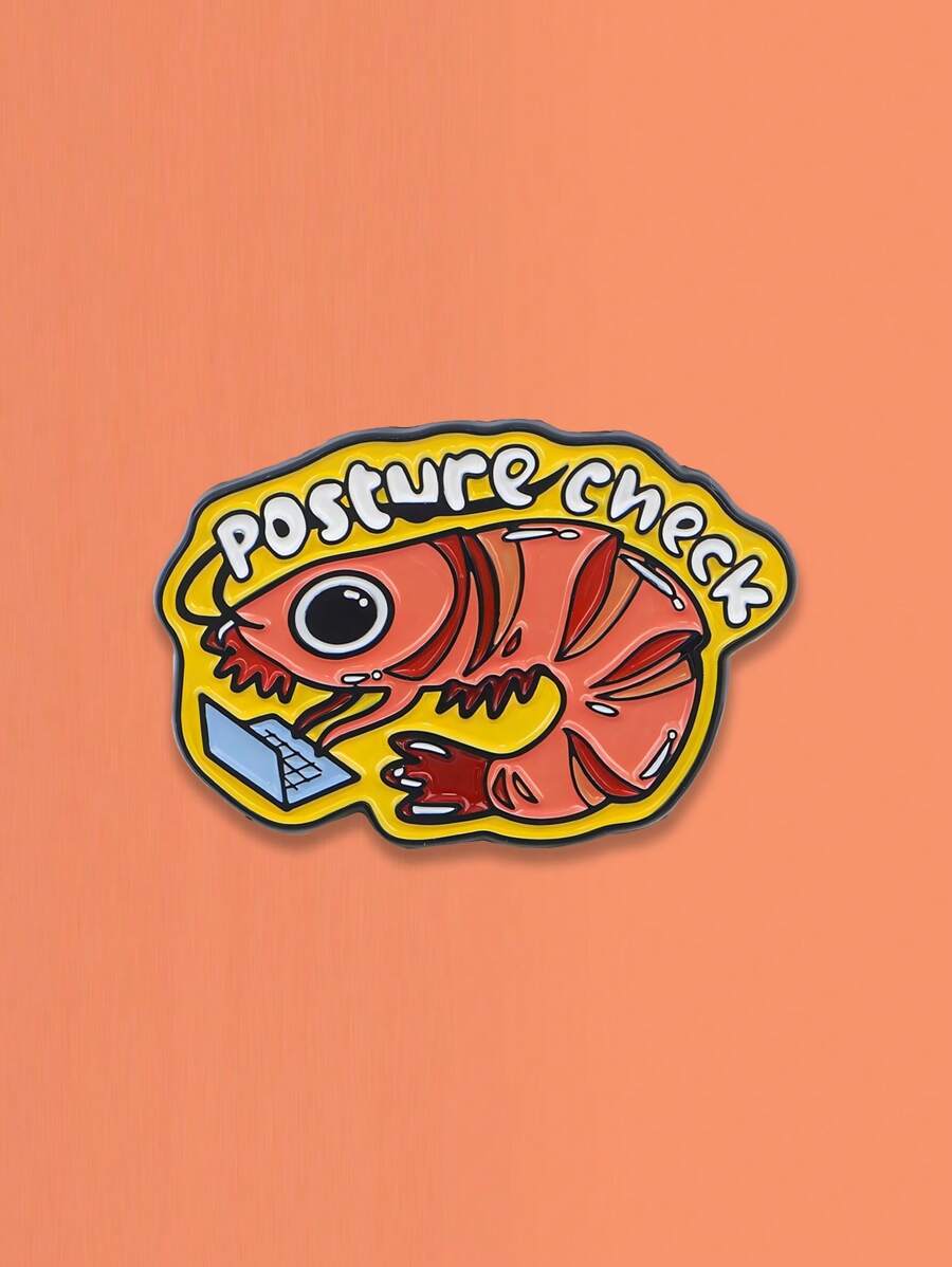 1PC New Creative Red Magic Shrimp Lobster Brooch, Ocean Biology English Letter POSTURE CHECK, Collar Badge, Jewelry Gift For Friends