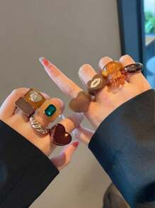 10pcs/Set Assorted Flower & Heart Shaped Resin Retro Rings, Unique Fashion Jewelry Rings For Women & Girls, Daily Wear