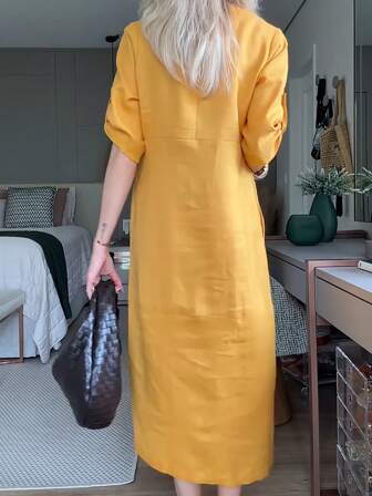 1 件优雅复古纯色纽扣领带休闲编织面料长裙，夏季可机洗