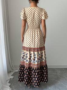 女士波西米亚风印花V领荷叶袖束腰A字长连衣裙 夏季度假连衣裙 优雅 - 彩色 - 查看 3