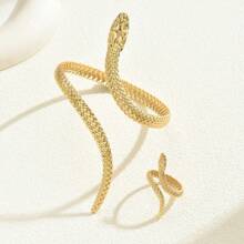 2pcs Set Adjustable Geometric Bangle & Ring Bracelet Jewelry Set, European & American Style Snake Design Versatile Accessories - Gold - View 4