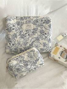 3pcs/1pc Ditsy Floral Quilted Canvas Cosmetic Bag, Large Capacity Portable Toiletry Bag, Travel Makeup Organizer Pouch