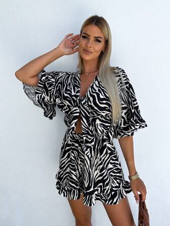 Summer Holiday Casual V-Neck Printed Short Sleeve Jumpsuit