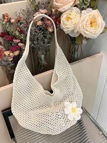 Yogodlns Hollow Out Weave Bag Bohemian Style Beach Handbag Hollow Tote Bag Large Capacity Slouchy Style Beach Bag Shopping Women Casual Beach Bag Large Capacity Crochet Flower Tote Bag Fashion Tote Handbags Outdoor Travel Bag, Perfectly Matching With Crochet Set, Vacation Essentials, Perfectly Matching With Beach Accessories Women, Hottest Beach Bags For Women, Beach Necessities, Beach Essentials, Beach Stuff & Summer Essentials, Newest Holiday Bag , Bohemian Outfit For Women ,Vacation Essentials , Beach Bag - Beige - View 1