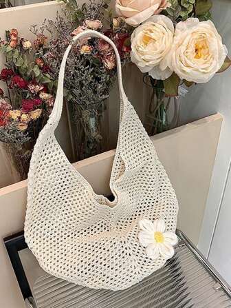 Yogodlns Bolso tejido con diseño hueco, estilo bohemio, bolso de playa con asa, bolso de compras con gran capacidad y estilo holgado, bolso de playa de ganchillo con flores de moda, bolso de viaje perfecto para combinar con el conjunto de ganchillo, artículos esenciales para vacaciones, perfectamente compatible con accesorios de playa para mujeres, los bolsos de playa talla grande recientes para mujeres, necesidades de playa, artículos esenciales de verano, bolso de vacaciones talla grande reciente