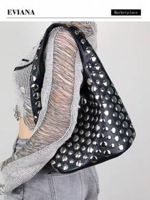 欧美时尚女士手提包2025秋冬新款休闲个性单肩包，Y2K风格甜美别致小众设计波点铆钉腋下包，复古时尚前卫大容量水桶包