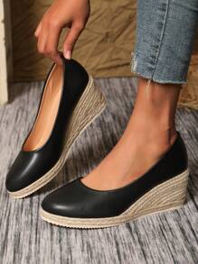 Women's Platform Wedge Slip-On Shoes - Fashionable & Elegant Style, Casual & Comfortable, Middle Eastern Series, Retro Style, Daily Commute, Casual & Versatile, Minimalist, High Heels, Slip-On, Faux Pearl Leather, Low-Cut High Heels, Woven, Platform Wedge Heel Shoes