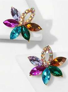 Classic Sparkling Alloy Ear Studs With Rhinestone, Simple & Chic Floral Design, European & Korean Style - Colorful - View 12