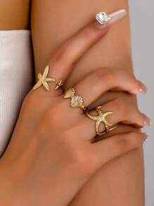 3pcs Metal Ocean Themed Ring Set - 3D Starfish & Shell Adjustable Rings For Women, Suitable For Party, Date, Beach - 3-piece Gold Starfish Shell Ring Set - View 7