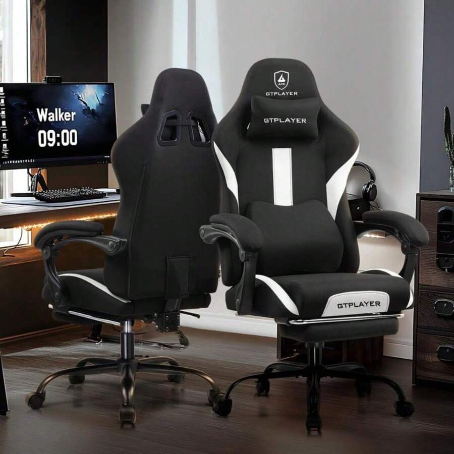 Gaming Chair With Footrest, Fabric Office Chair With Pocket Spring Cushion, Memory Foam Lumbar Pillow, High Back Computer Chair