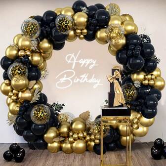 140 pièces Set d'arche de ballons en latex noir et or avec des ballons confettis. Convient pour la décoration intérieure et extérieure de fêtes et de célébrations comme les anniversaires, les cérémonies de remise de diplômes, les enterrements de vie de garçon, la fête des pères, les mariages, les anniversaires, les cérémonies de passage à l'âge adulte, etc.