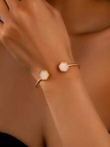 1pc Women's Fashion Open Bangle Bracelet, Elegant Adjustable Resin Inlaid Minimalist Jewelry - White - View 2