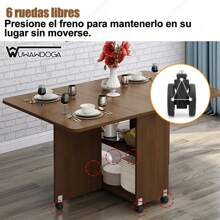 Mesa de comedor multifuncional que ahorra espacio con 6 ruedas y 2 estantes de almacenamiento, mesa de cocina plegable, mesa de comedor extensible para cocina, dormitorio, sala de estar (café, 141 x 60 x 72 cm) - Marrón - Ver 6