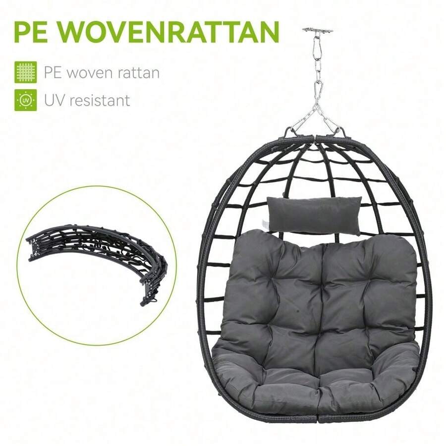 Egg Hanging Swing Chair Egg Chair Wicker Hammock With Cushions 330lbs Dark Gray