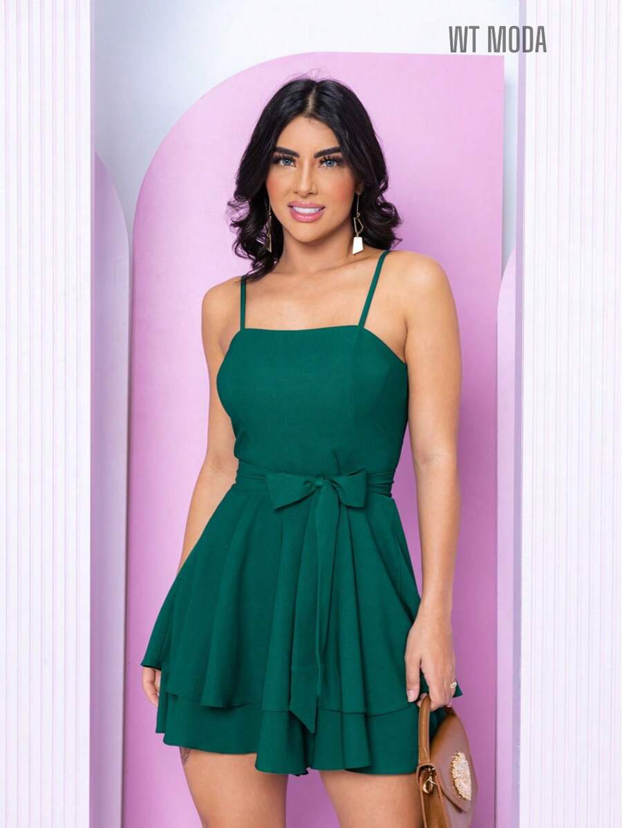 WT Elegant Short Romper SimpleCasualLayeredBackless/BacklessWomen's Elegant Summer Romper - 墨綠色 - 查看 1