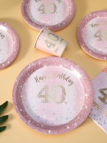 粉色背景金色水钻“40 岁生日快乐”一次性盘子、餐巾、杯子 - 适合 25 位客人的生日派对用品，一次性纸盘餐具套装适合生日、婚礼、派对、家庭野餐
