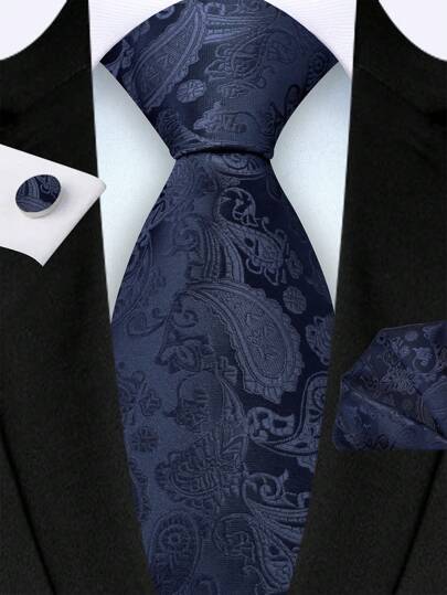3pcs Set: 8cm Wide Navy Blue Paisley Patterned Necktie, Handkerchief, And Cufflinks - High Quality Classic Fashion Business Casual Tie Set, Men's Wedding, Christmas, Party Accessories Gift