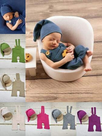 2 件新生儿摄影服装套装：长帽+吊带裤，宝宝拍照道具成长纪念品