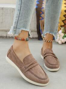 Plus Size Women's Round Toe Suede Slip-On Fashion Loafers, Versatile Casual Comfortable Flat Boat Shoes For Spring/Summer Daily Commute, New 2025 EU/US - Khaki - View 3