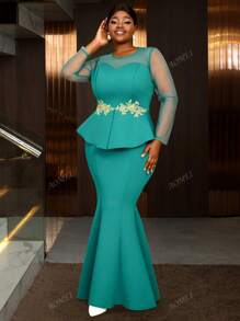 Plus Size Long Party Mermaid Dresses Sheer Mesh Sleeves Patchwork 3D Embroidered Lace Party Peplum Evening Birthday, Wedding Guest Dress, Formal Dress,Gown