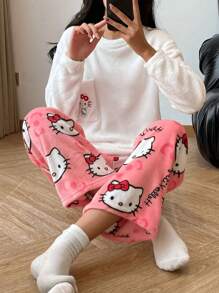 Sanrio Calça de Pijama de Flanela Confortável Hello Kitty Sanrio - Roupa de Dormir Rosa, Calça Casual para Casa, Calça de Flanela para Outono/Inverno, Adequada para Casais ou Amigos, Férias